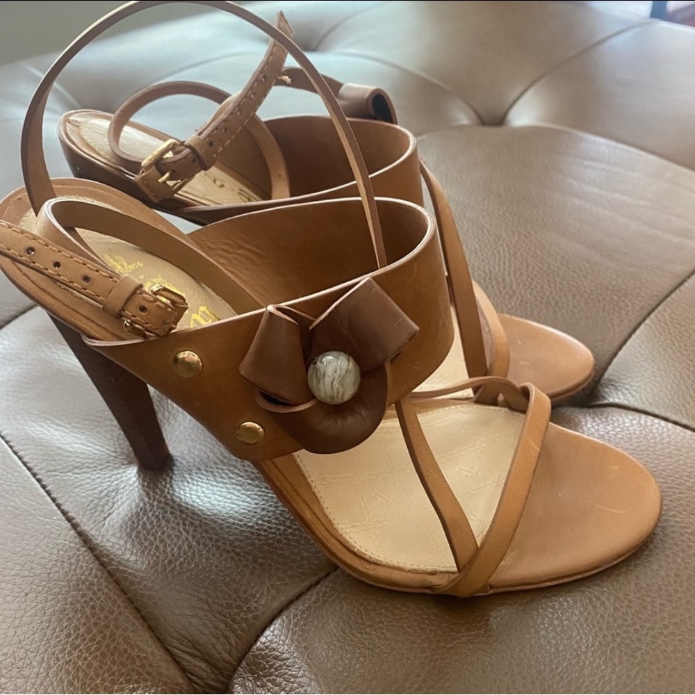 L.A.M.B. Tan Leather Strappy High Heel Sandals with Bow Accent